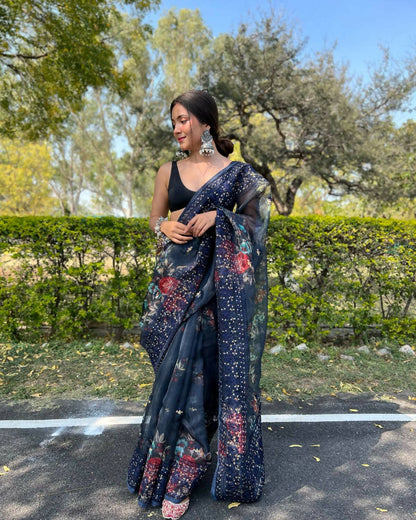 Vastrasky Navy Blue Organza Saree - Distacart