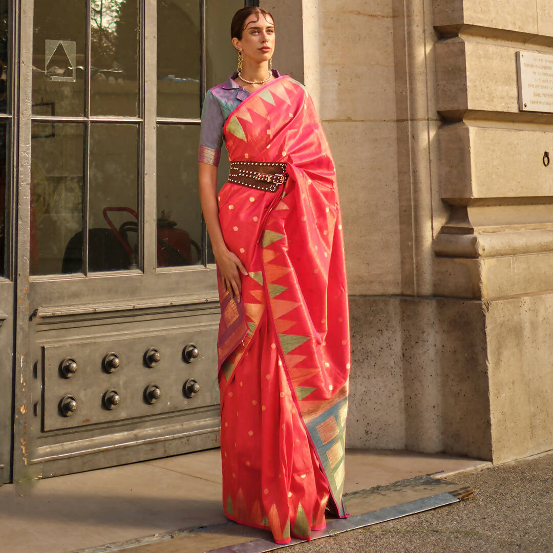 Brick Red Handloom Khaddi Silk Saree With Contrast Pallu & Blouse - Rajtex Khwaab Silk - Distacart