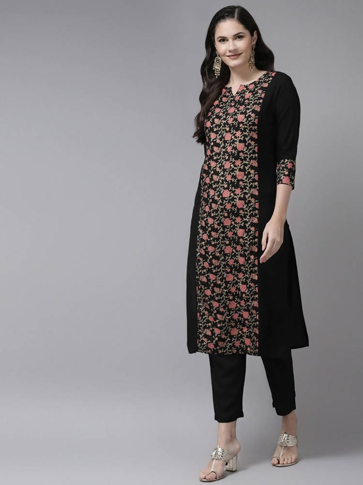 Yufta Women Black Ethnic Motifs Printed Paneled Kurta with Trouser