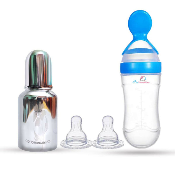 Goodmunchkins Stainless Steel Feeding Bottle & Spoon Food Feeder Anti Colic Silicone Nipple Combo-(Blue, 150ml) - Distacart