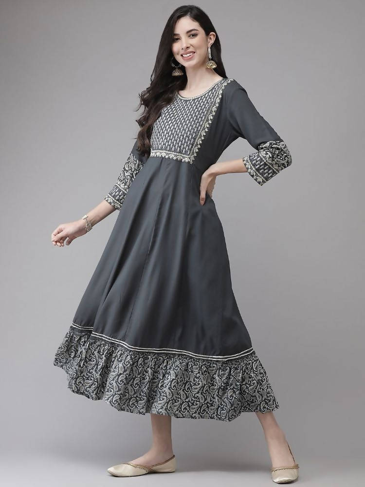 Yufta Grey Embroidered Ethnic Maxi Dress