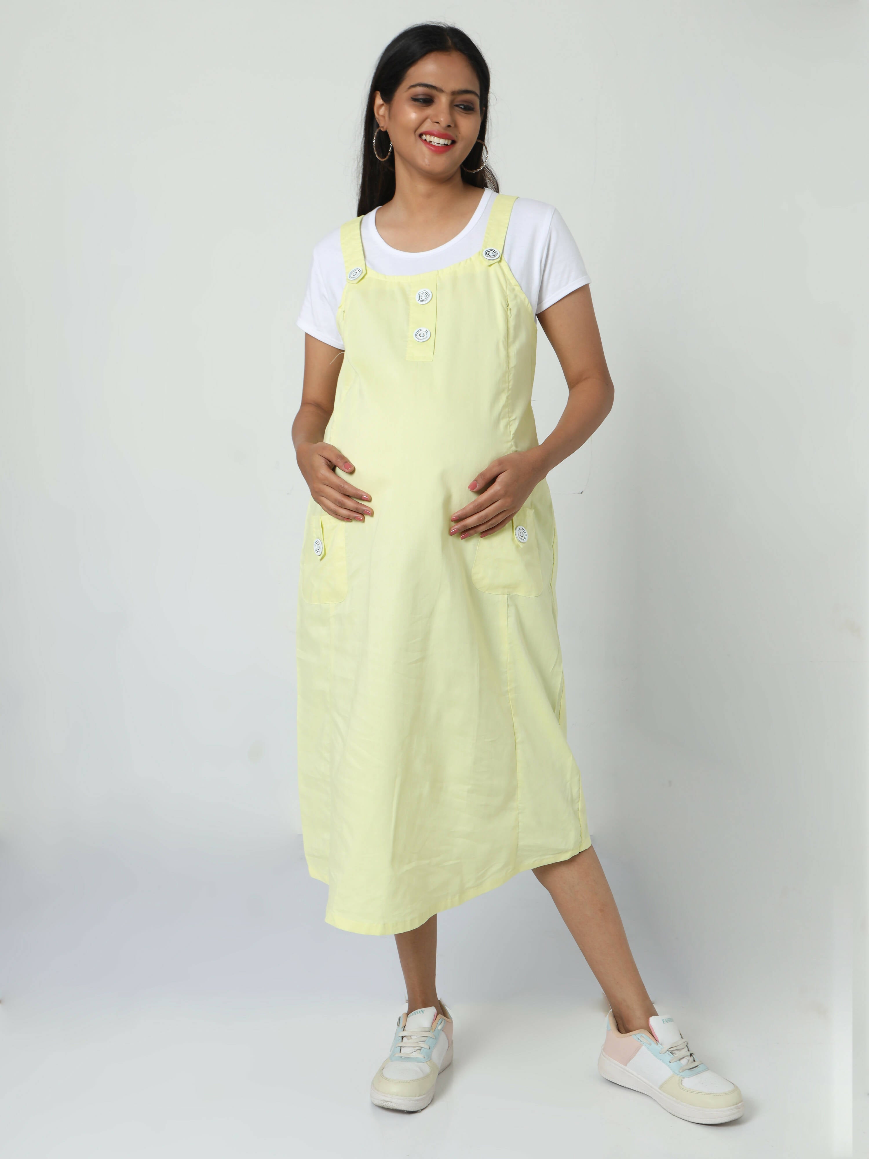 Manet Half Sleeves Solid Maternity Dress With Concealed Zipper Nursing Access - Yellow - Distacart