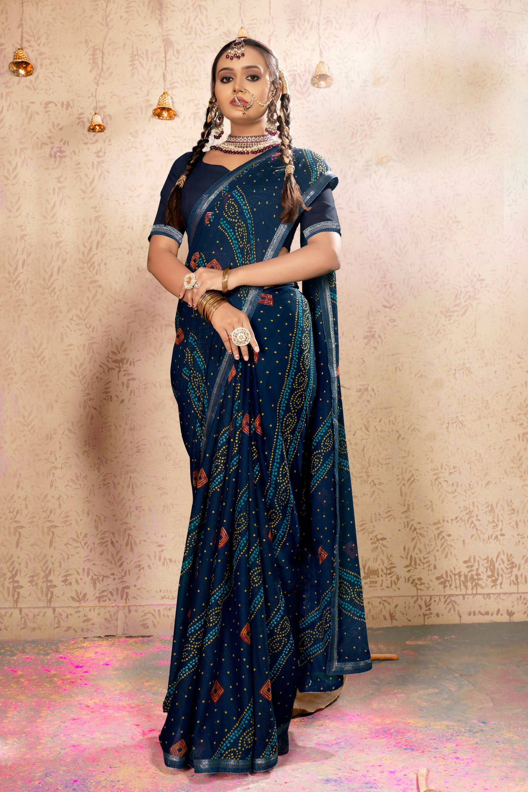 Navy Blue Georgette Bandhni Printed Saree With Unstitched Blouse Piece - Shanaya - Distacart