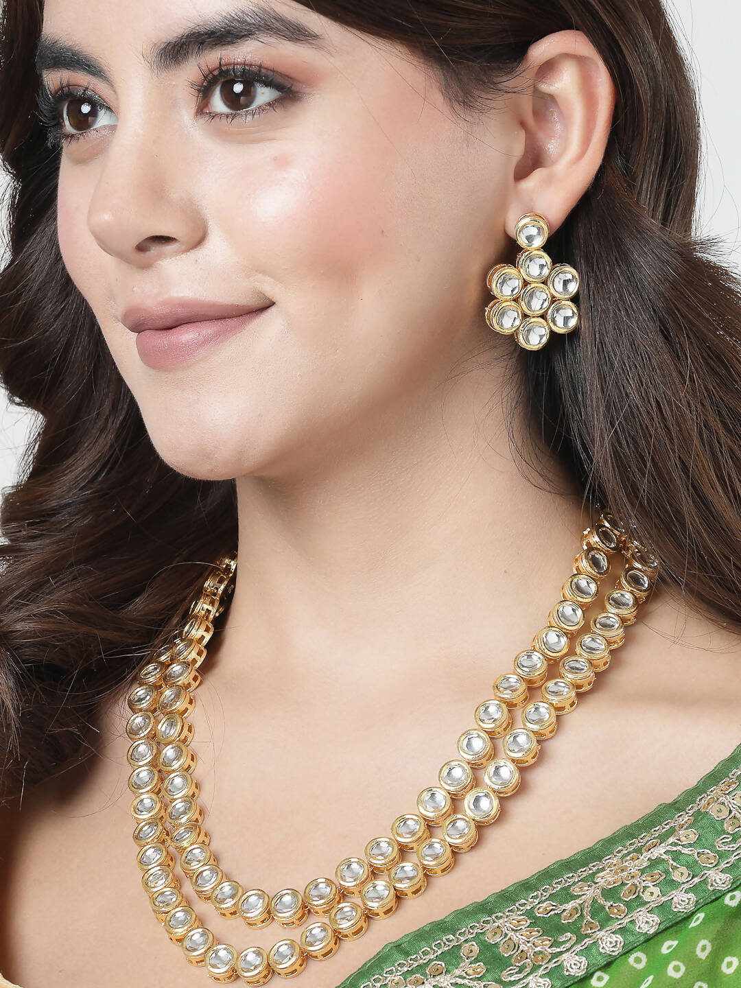 NVR Women's Gold-Plated Kundan 2 Layered Handcrafted Jewellery Sets With Drop Earrings - Distacart
