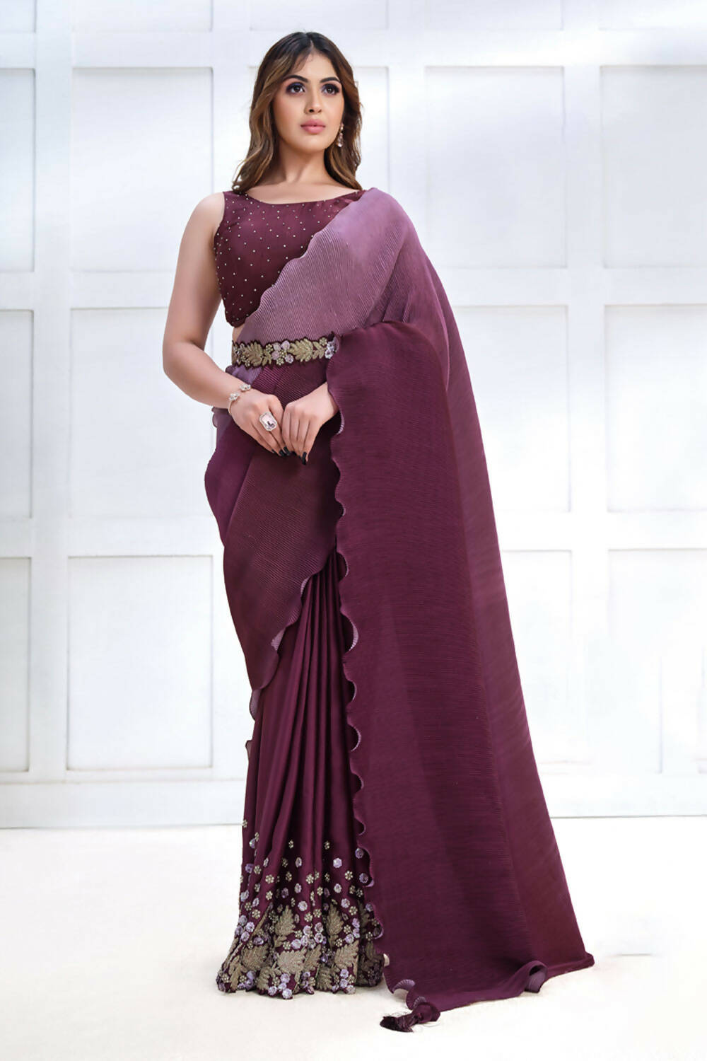 Wine Crepe satin silk Texture with Cord & Sequence Embroidered and Stone work Saree - Mohmanthan Majestica - Distacart