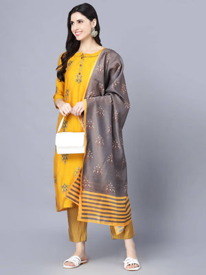 Myshka Women Mustard Yellow Ethnic Motifs Embroidered Panelled Kurti with Trousers With Dupatta - Distacart