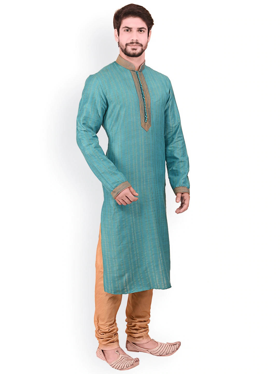 Manyavar Men Sea Green & Brown Self Design Kurta With Churidar - Distacart