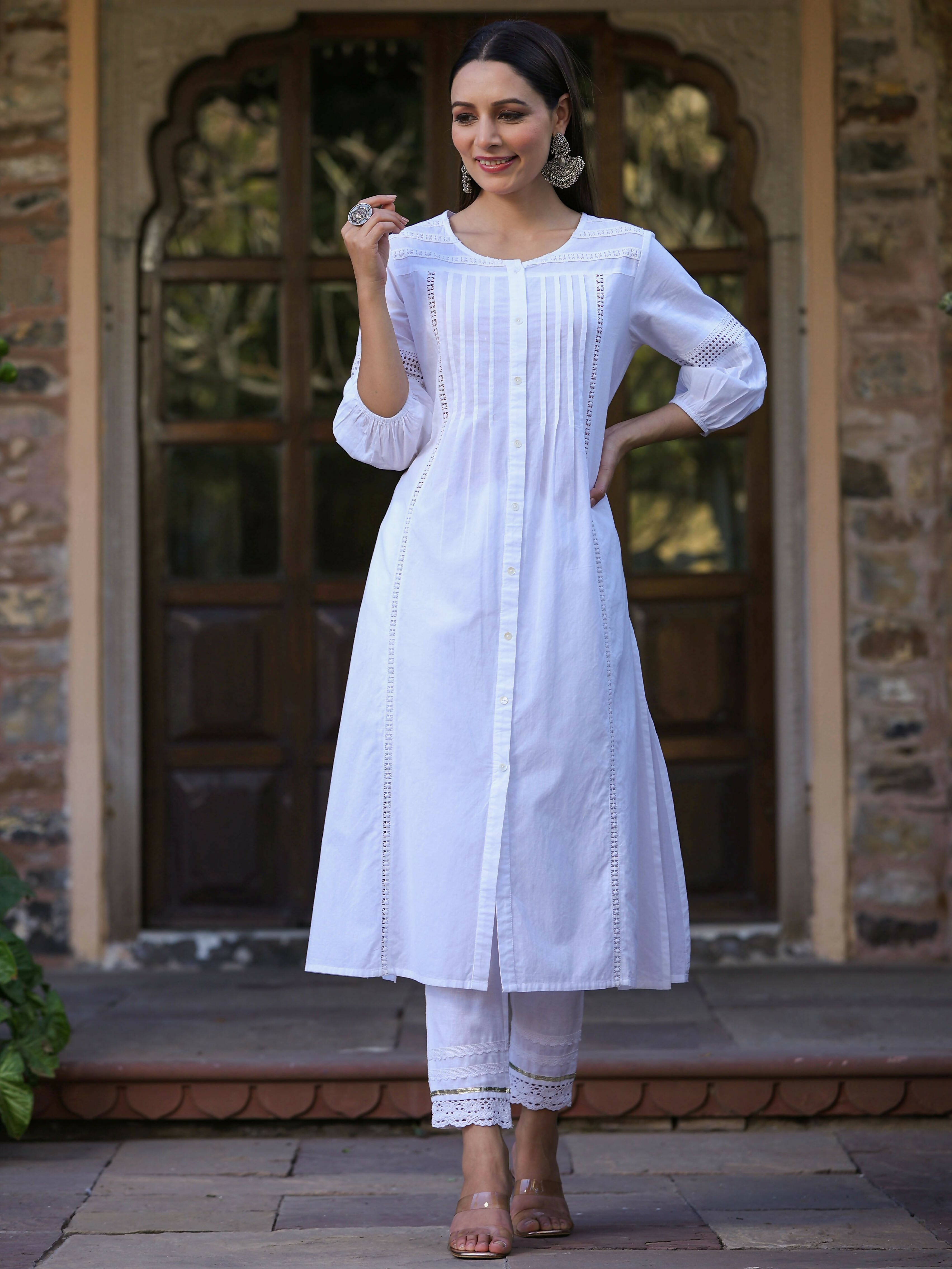 Juniper Women's White Cotton Cambric Solid A-Line Kurta - Distacart