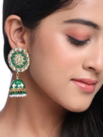 Thumbnail for NVR Women Gold Plated Green Dome Shaped Meenkari Jhumkas Earrings - Distacart