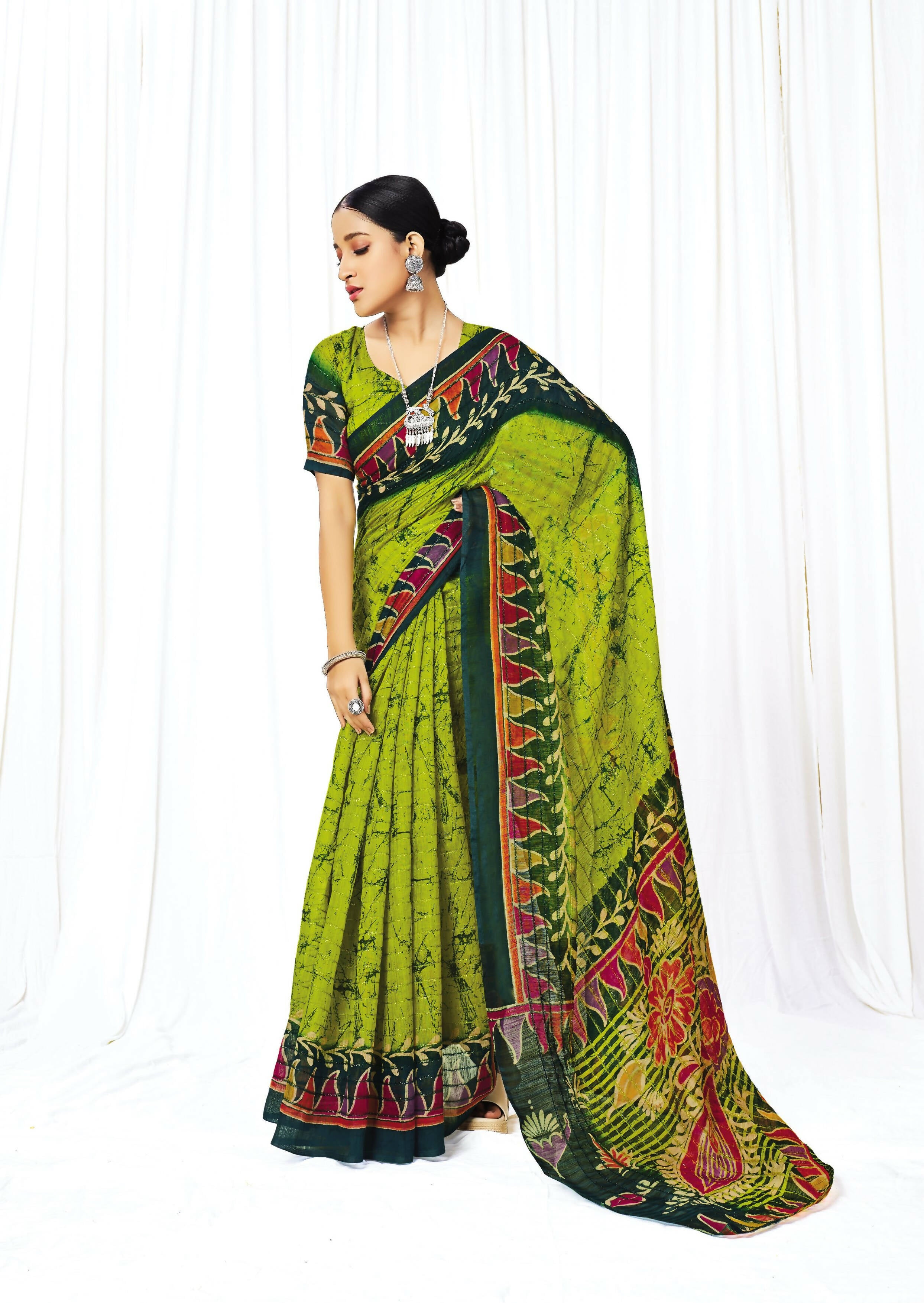 Green Chanderi Cotton Floral Printed Saree With Unstitched Blouse Piece - Kathika - Distacart