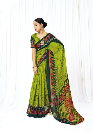 Green Chanderi Cotton Floral Printed Saree With Unstitched Blouse Piece - Kathika - Distacart