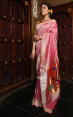 Thumbnail for Very Much Indian Handloom Pure Cotton Paithani With Handwoven Pallu -Baby Pink - Distacart
