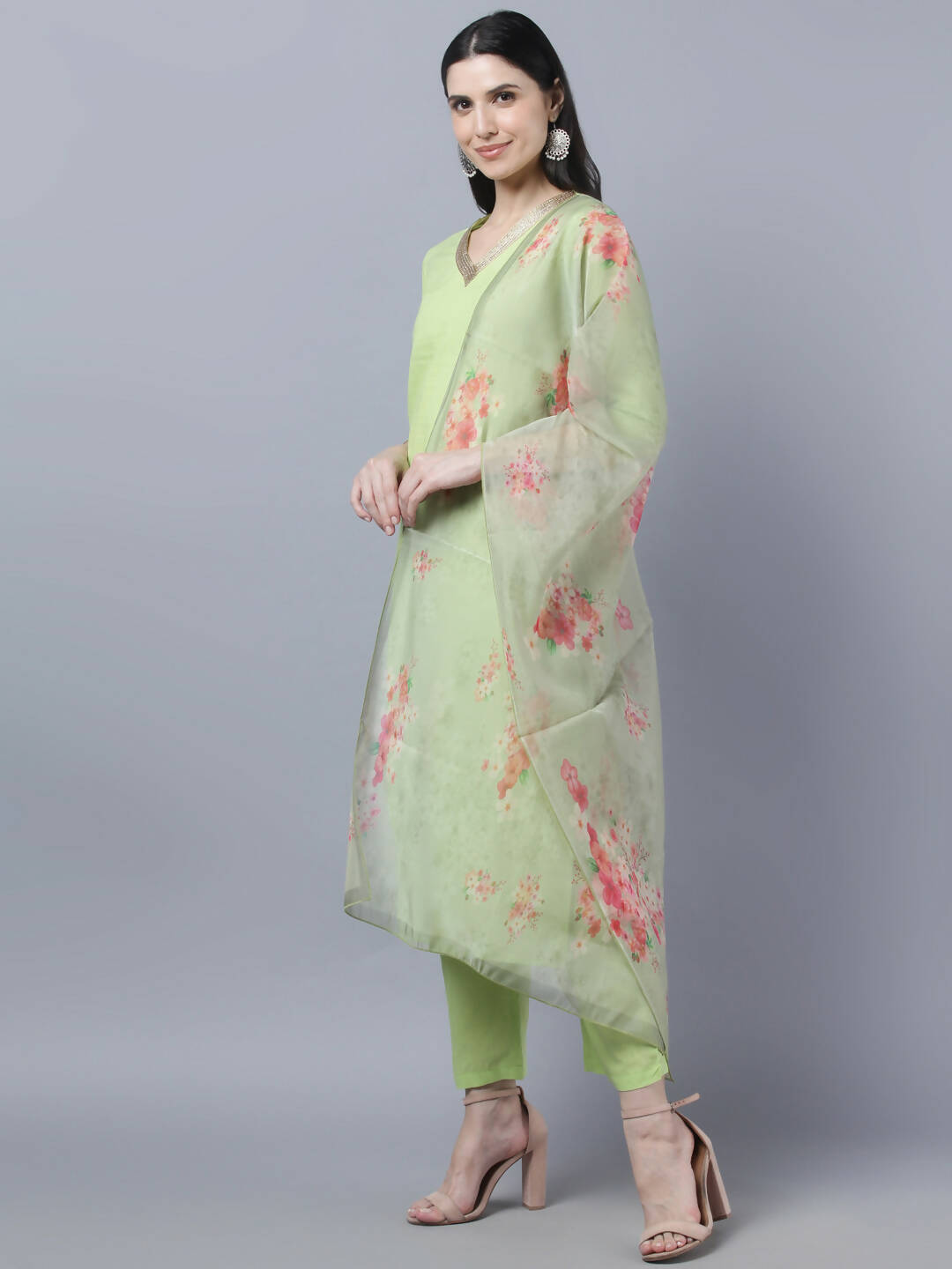 Myshka Women Green Regular Pure Cotton Kurta with Trousers With Dupatta Set - Distacart