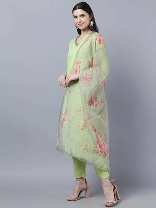 Myshka Women Green Regular Pure Cotton Kurta with Trousers With Dupatta Set - Distacart