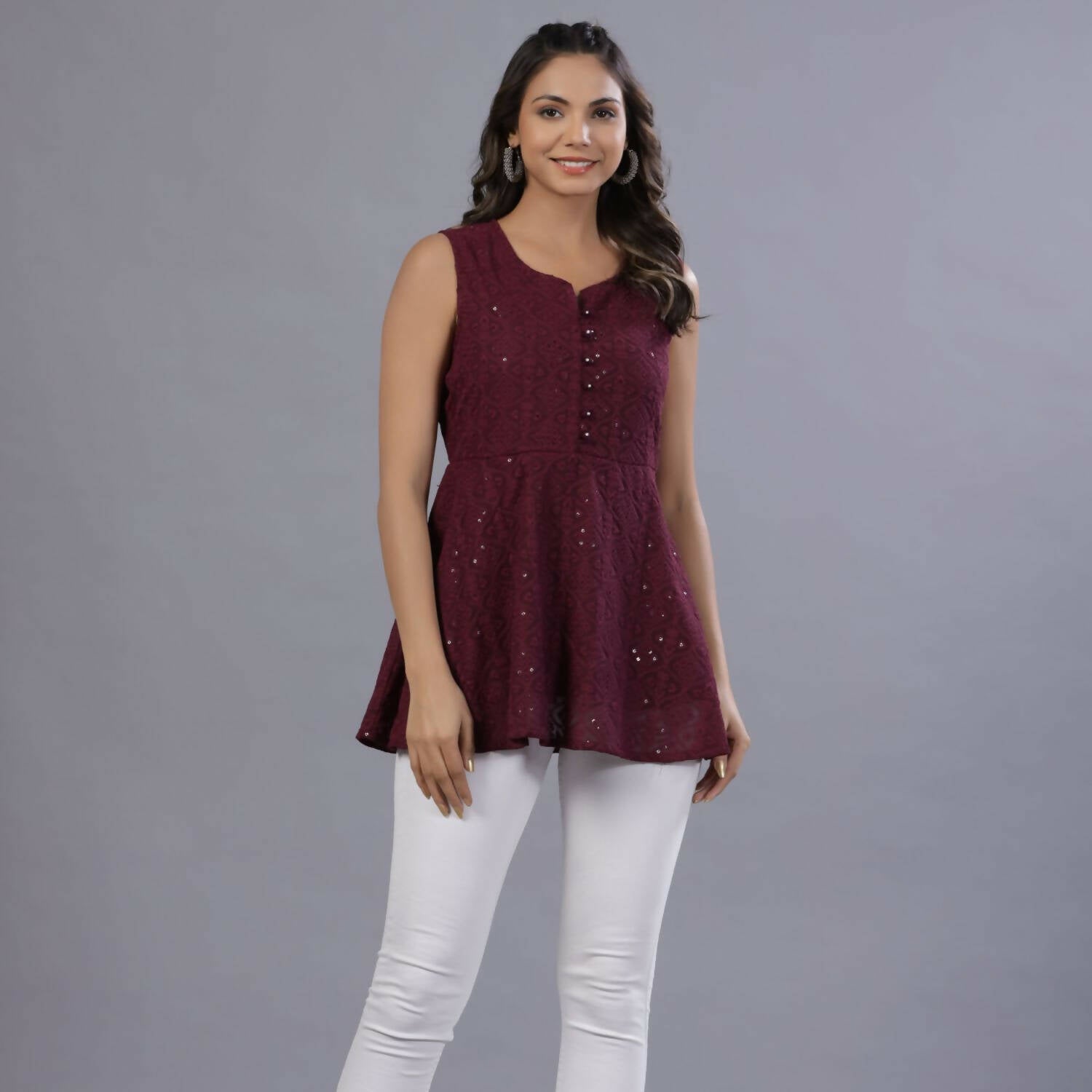 Juniper Women Wine Georgette Embroidered Peplum Tunic - Distacart