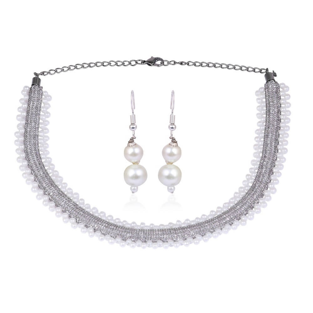 Tehzeeb Creations Silver Colour Necklace And Earrings With White Pearl