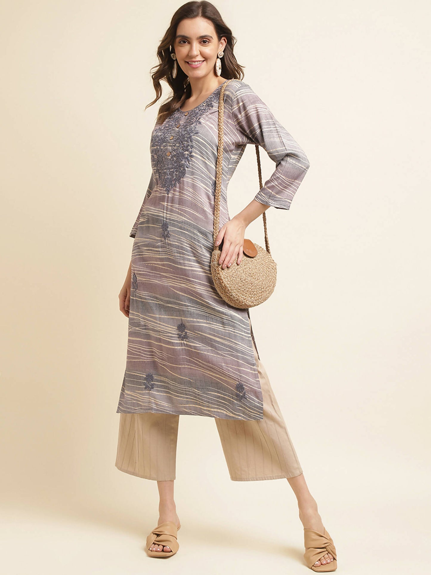 Grey Poly Rayon Stripe Printed Straight Fit Kurta - Prasuti - Distacart