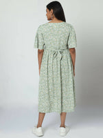 Thumbnail for Manet Frill Slevees Maternity Dress Floral Print With Concealed Zipper Nursing Access - Green - Distacart