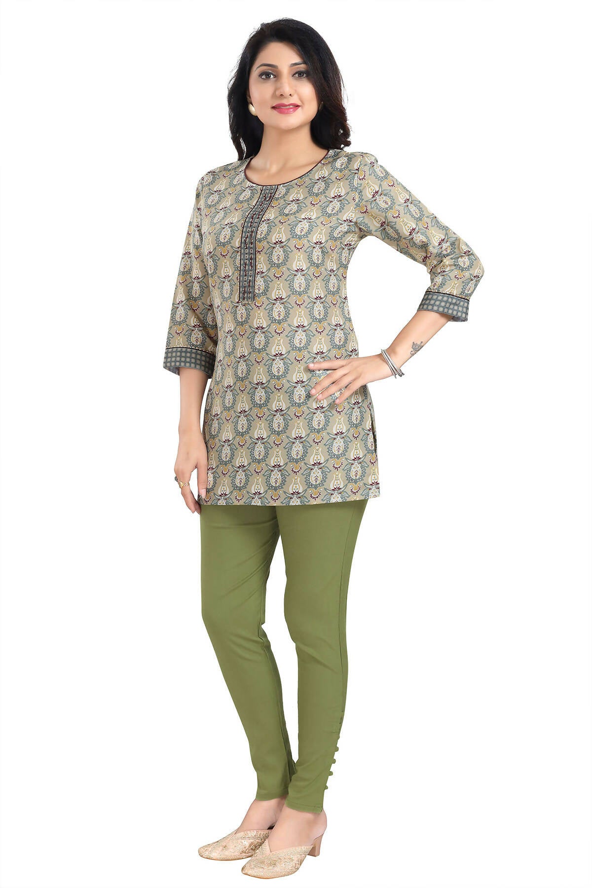Snehal Creations Pretty Pastle Variyali Green Rayon Short Kurti Tunic Top - Distacart