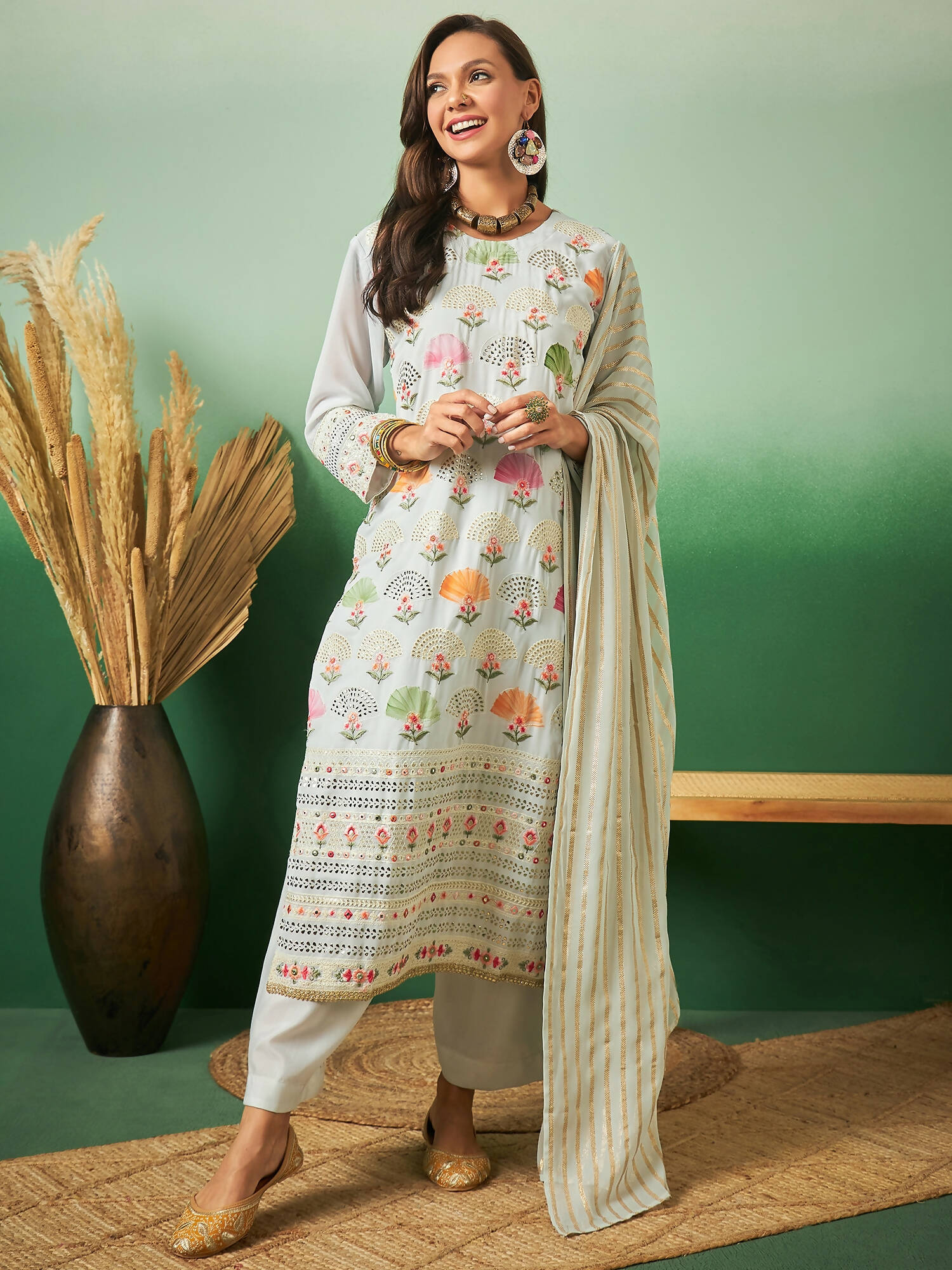Light Blue Georgette Handwork Unstitched Dress Material - Hanika - Distacart