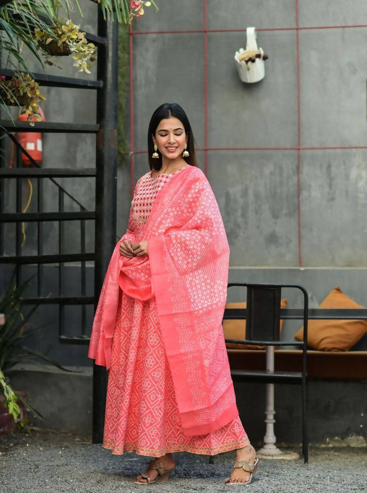 Yufta Women Pink Handblock Printed Kurta with Trouser & Dupatta