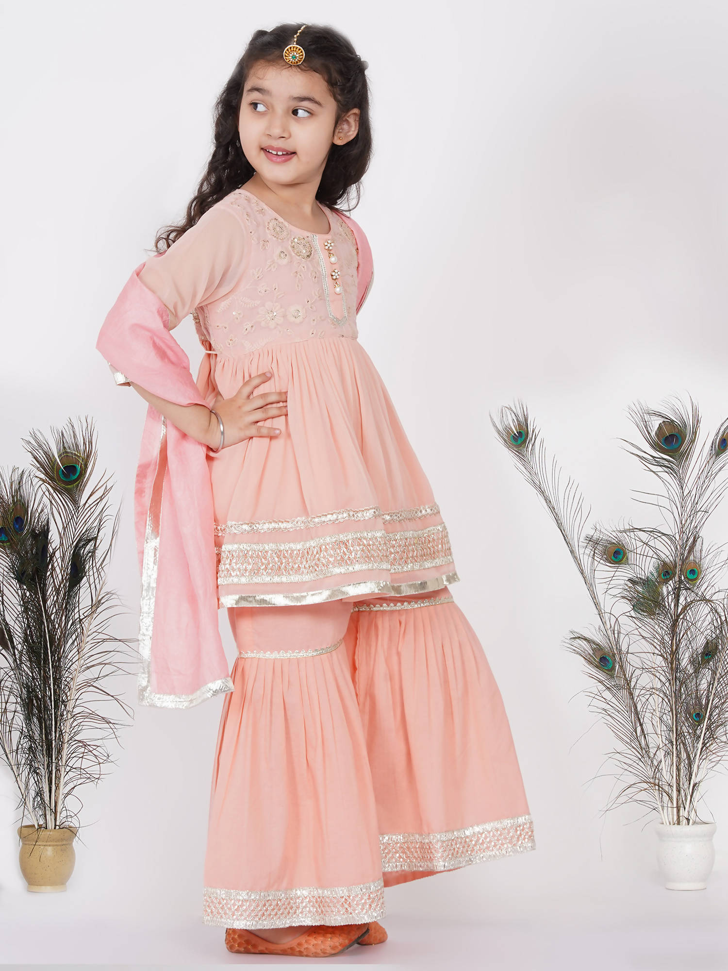 Little Bansi Cotton Gotta Patti Kurta frock with Sharara & Dupatta - Peach - Distacart