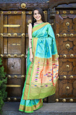 Thumbnail for Very Much Indian Pure Silk Handloom Paithani -Dual Tone Blue Green - Distacart