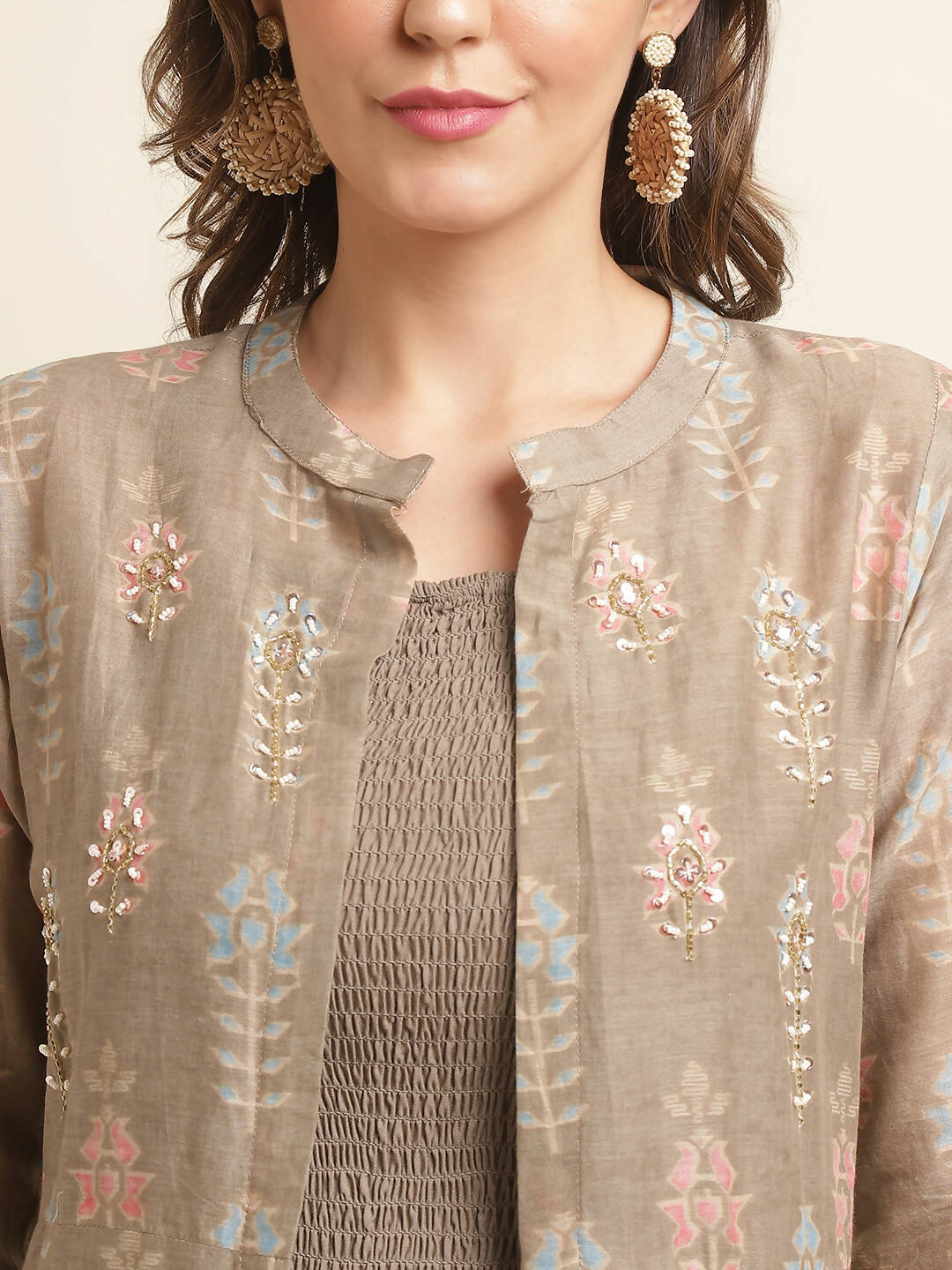 Brown Cotton Solid Flared Dress with Printed Shrug - Yukti - Distacart