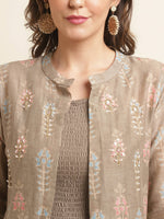 Thumbnail for Brown Cotton Solid Flared Dress with Printed Shrug - Yukti - Distacart