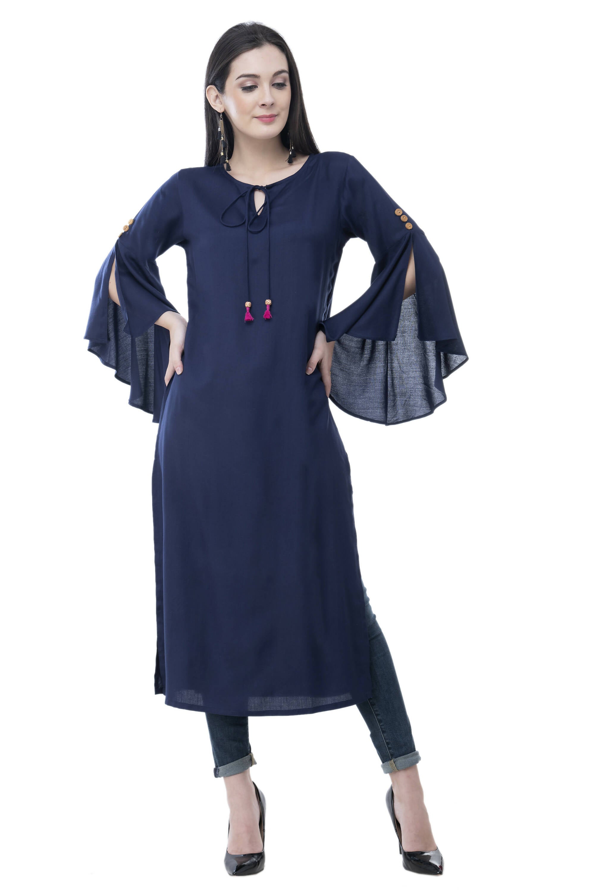 Women's Navy Round Neck Kurti With Front Neck Opening And Dori, Flared Sleeves - G & A Apparels - Distacart