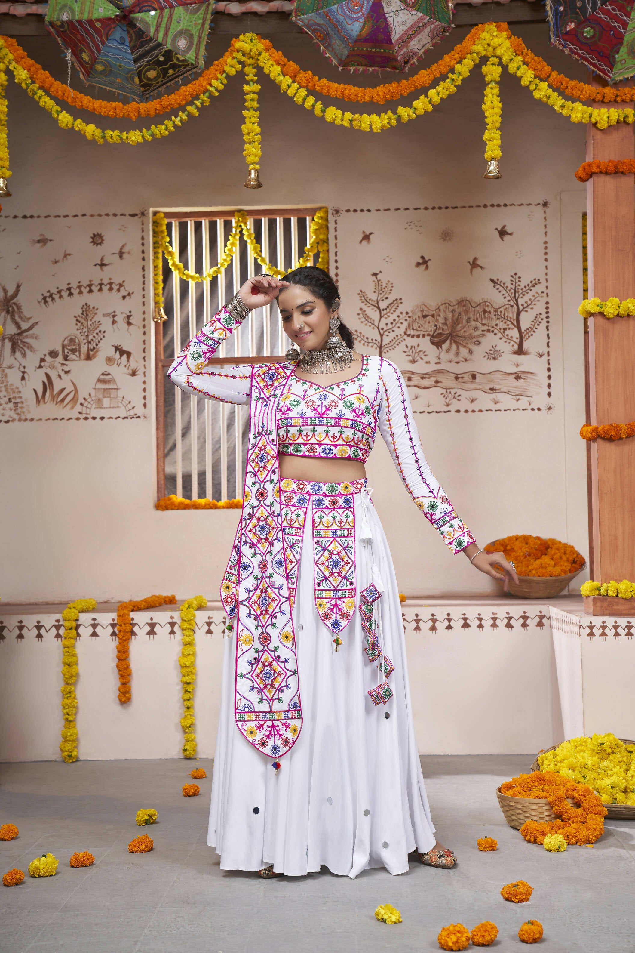 White Viscose Rayon Thread Embroidered with all over mirror work Navratri Lehenga Choli with Dupatta - Raas - Distacart