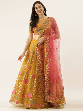 House of Panchhi Mustard Net Semi stitched Coding, Sequins & Saroski Stone Work Lehenga Choli - Distacart