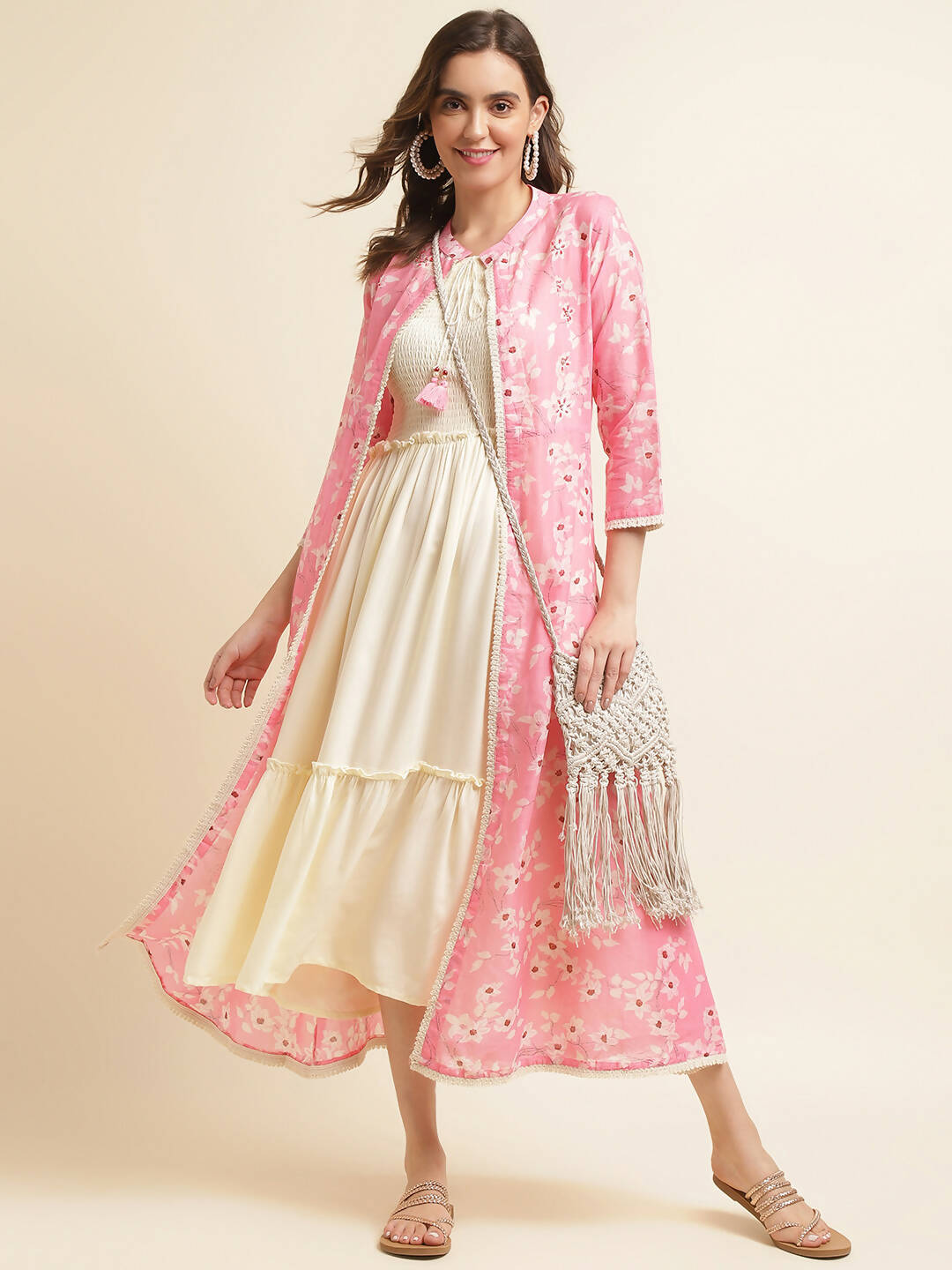 White Cotton Solid Flared Dress with Printed Shrug - Yukti - Distacart