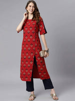 Thumbnail for Janasya Maroon & Navy Blue Ethnic Motifs Printed Kurta with Trousers - Distacart