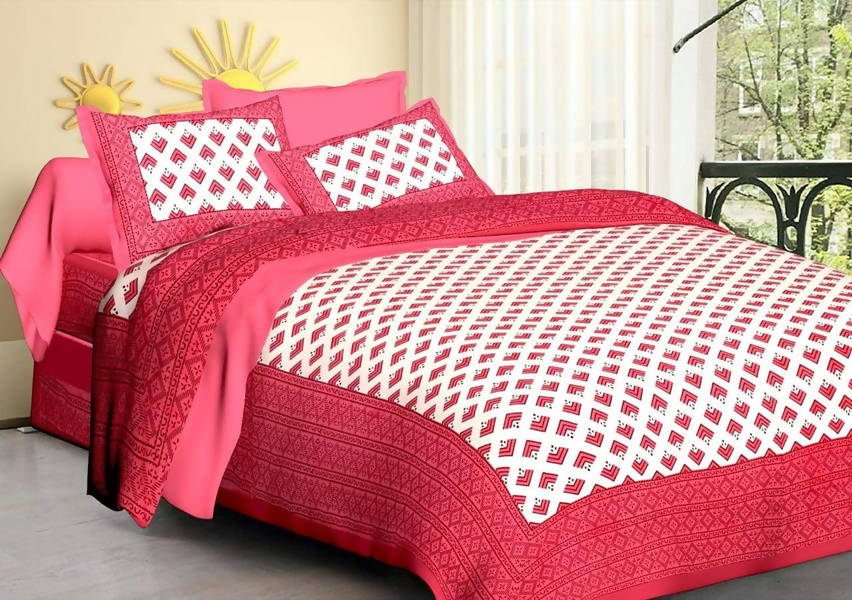 Vamika Printed Cotton White & Pink Bedsheet With Pillow Covers (LEOC_BRFI_P) - Distacart