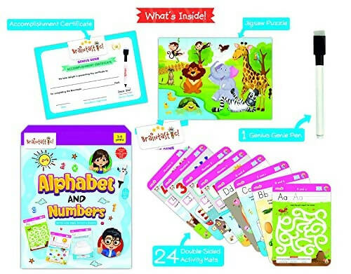 Braintastic Educational Game: Alphabet & Numbers(3-6 yrs)/Write & Wipe Activity Sheets/Kids Toys/34 pcs Free Puzzle - Distacart