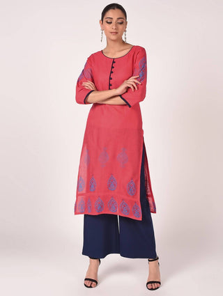 Cheera Hand Block print straight Kurta with Palazzo In Baby Pink & Dark Blue
