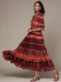 Thumbnail for Ritu Kumar Women Orange & Rust Red Striped Ethnic Tiered A-Line Midi Dress - Distacart
