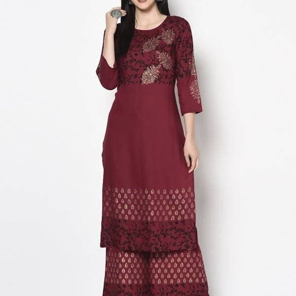 Aniyah Rayon Maroon Color Block Print Straight Kurta (AN-185K)