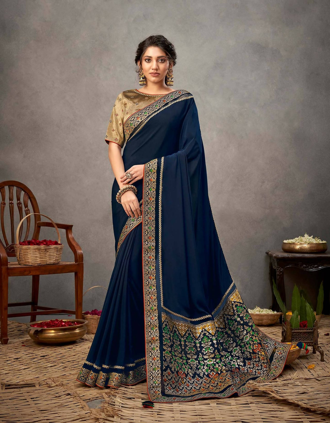 Multi Color Satin Silk Thread And Cord Embroidery Saree - Norita Arinya - Distacart