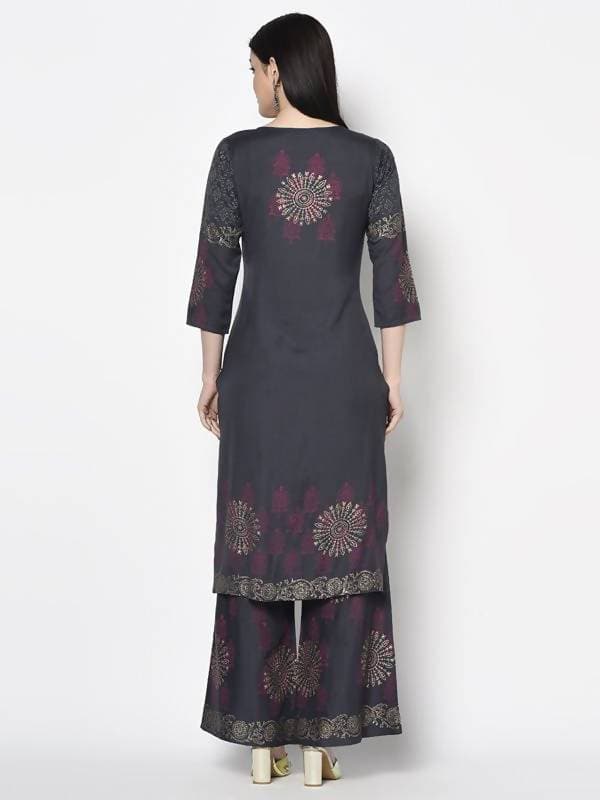 Aniyah Rayon Dark Grey Color Block Print Straight Kurta Palazzo Set (AN-202K)