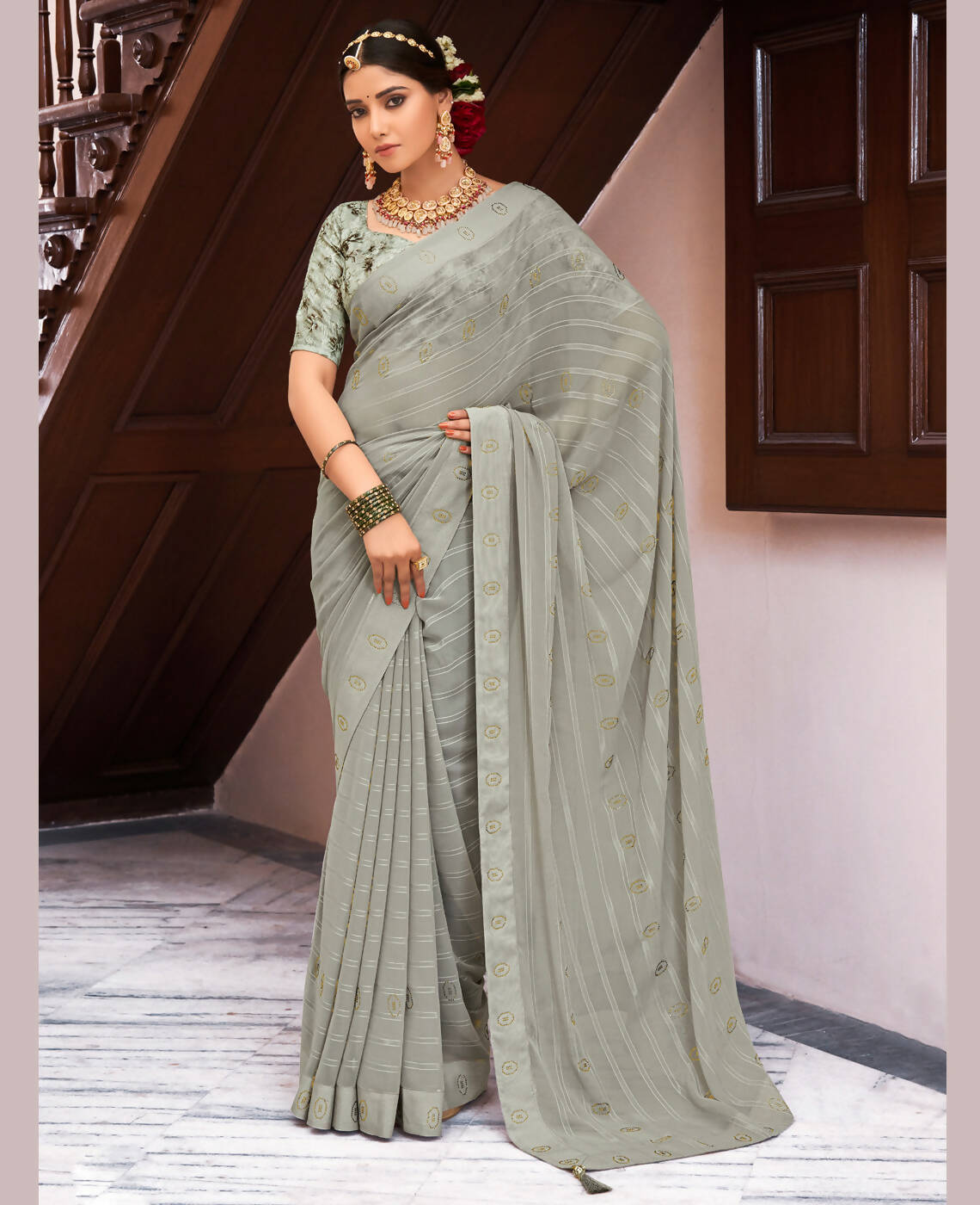 Grey Georgette Swaroski Work Saree With Unstitched Blouse Piece - Juhi - Distacart