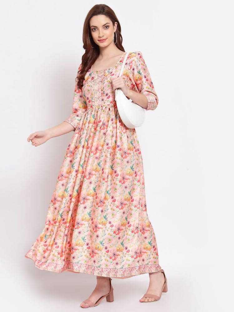 Myshka Women's Multi Printed Cotton Blend 3/4 Sleeve Squre Casual Dress