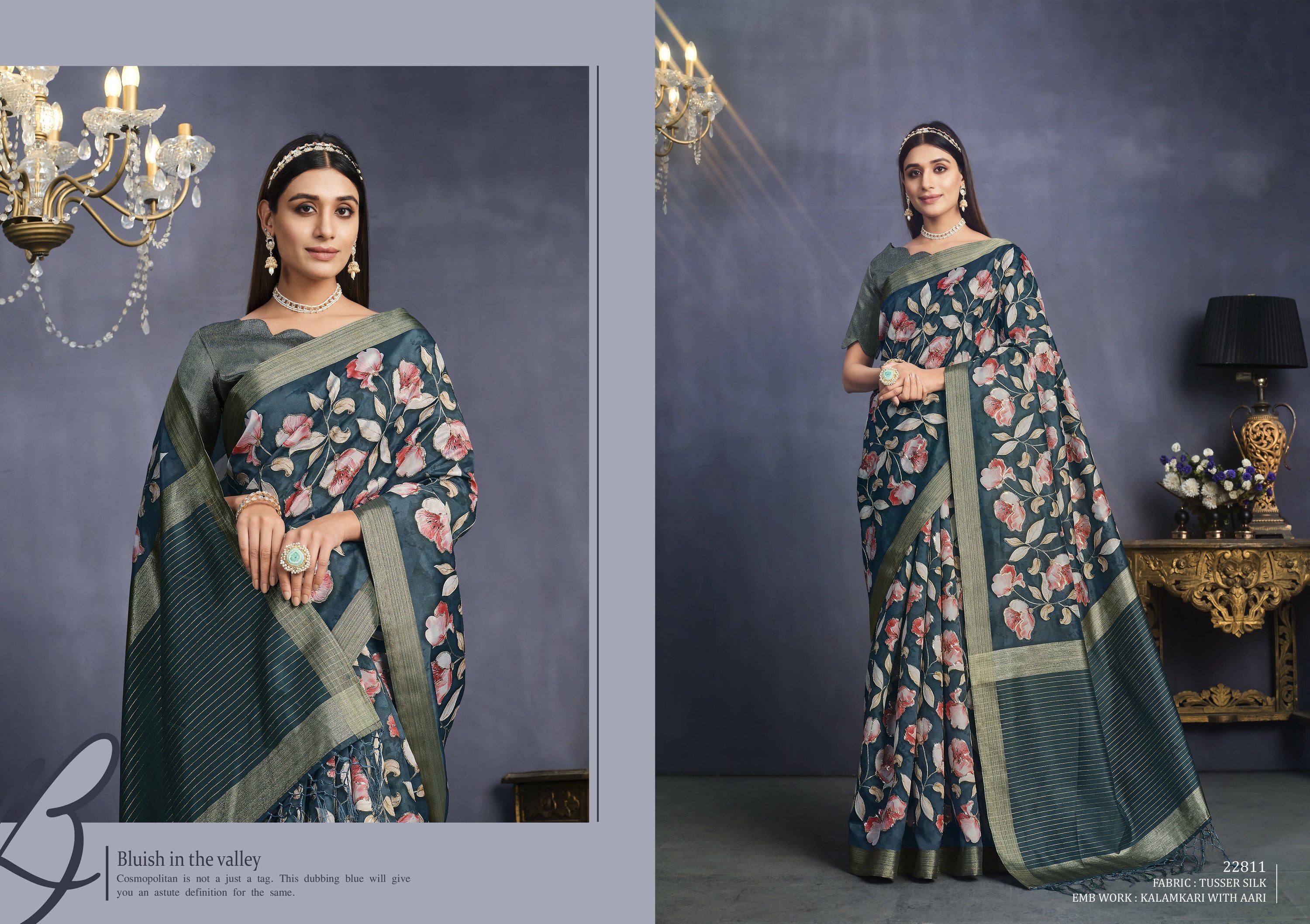 Teal Tusser Silk Floral Printed With Sequence Embroidered Saree With Unstitched Blouse - Mohmanthan Aahana - Distacart
