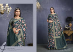 Thumbnail for Teal Tusser Silk Floral Printed With Sequence Embroidered Saree With Unstitched Blouse - Mohmanthan Aahana - Distacart