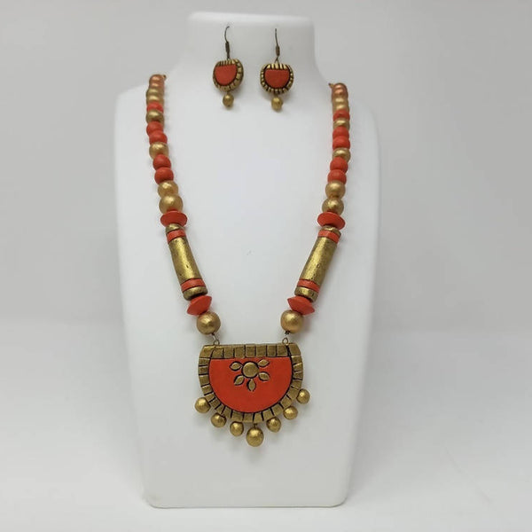 Terracotta Medium Necklace Set With Earrings-Orange And Gold