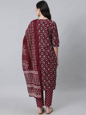 Anubhutee Maroon Ethnic Motifs Thread Work Pure Cotton Kurta with Trousers & With Dupatta - Distacart