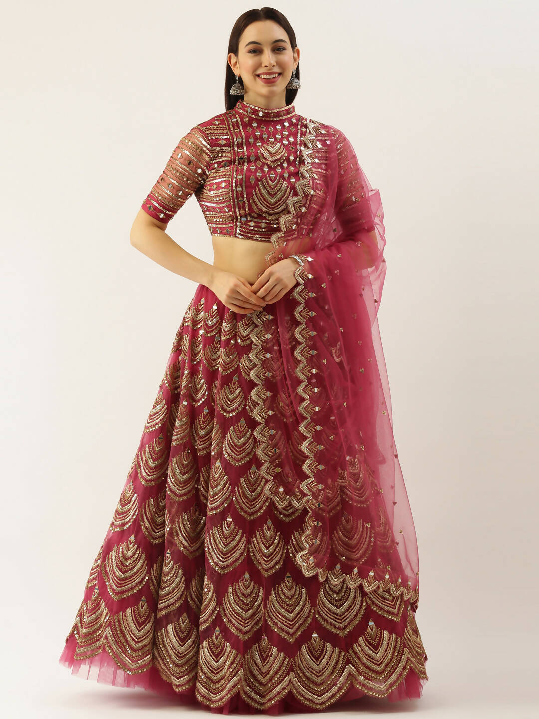 House of Panchhi Women Rosegold Net Embroidered Mirror Lehenga & Blouse with Dupatta - Distacart