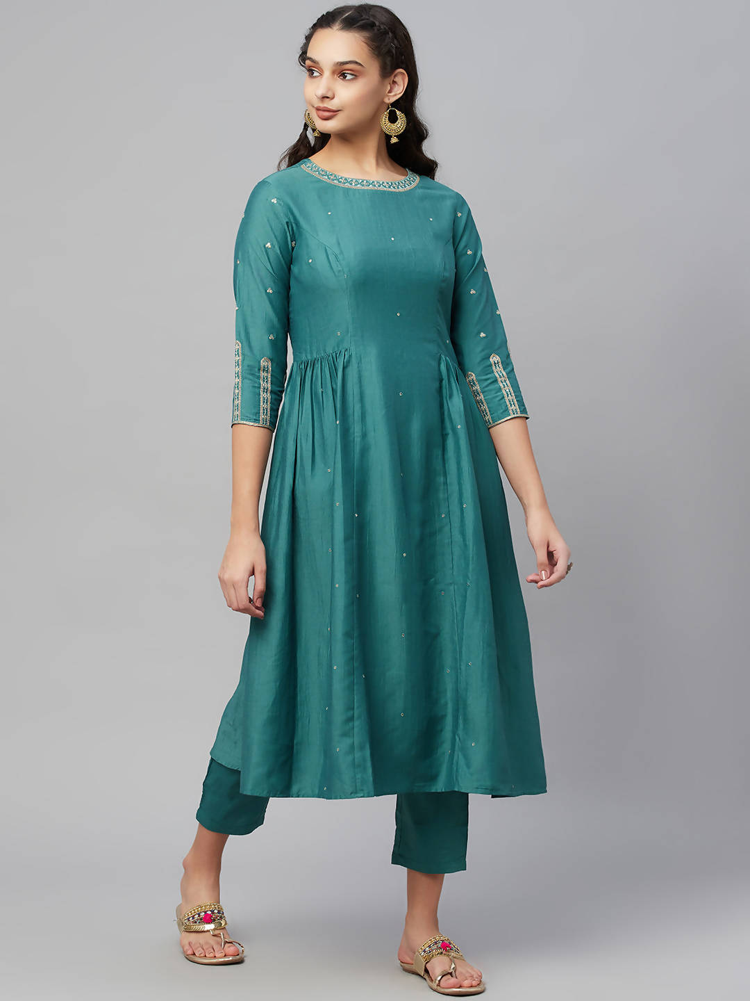 Myshka Dark Green Embroidered 3/4 Sleeve Round Neck Kurta Pant Dupatta Set - Distacart