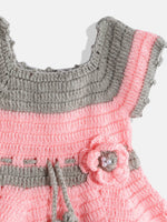 Thumbnail for Chutput Kids Woollen Hand Knitted Short Sleeves Flower Detail Dress - Pink - Distacart